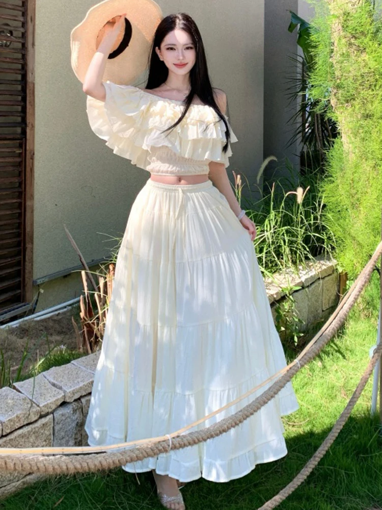 Summer Party Elegant Women Holiday Beach Skirt Suit Sexy Slash Neck Ruffles Crop Tops And High Waist Long Skirts Two Piece Sets