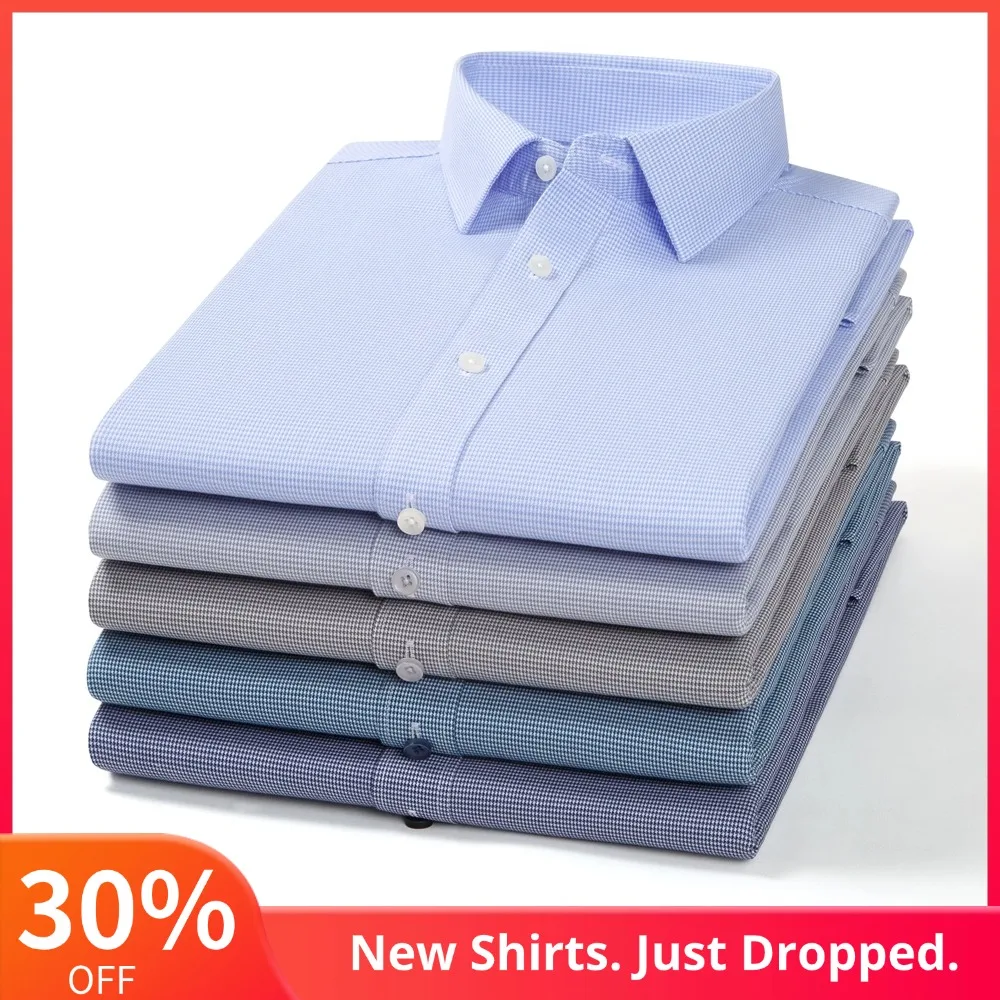 Men's Houndstooth Non-Iron Long Sleeve Button-Up Cotton Shirt, No Pocket Skin-Friendly Casual Versatile for Various Occasions