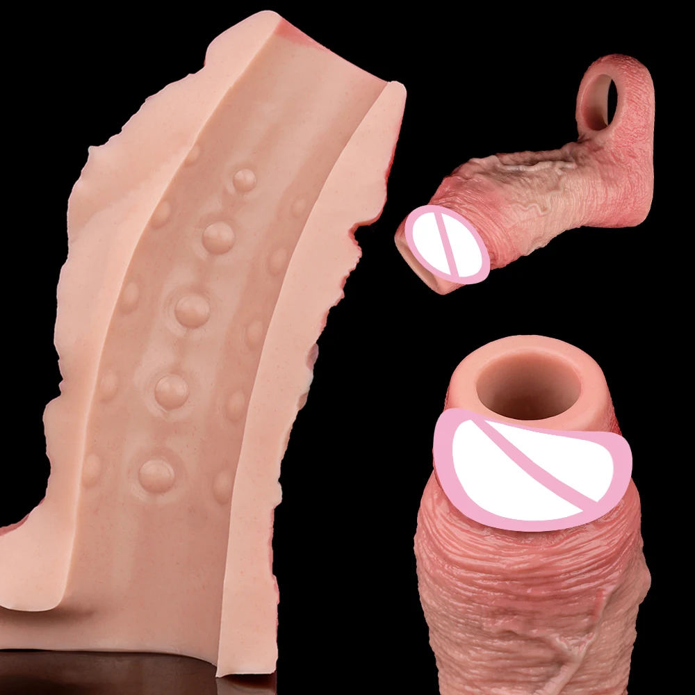 ORALSX New Dick Sleeve Hollow Dildo With Penis Ring Adult Men Enlarged Thick Cock Sheath Soft Silicone Male Sex Toys 18 Plus