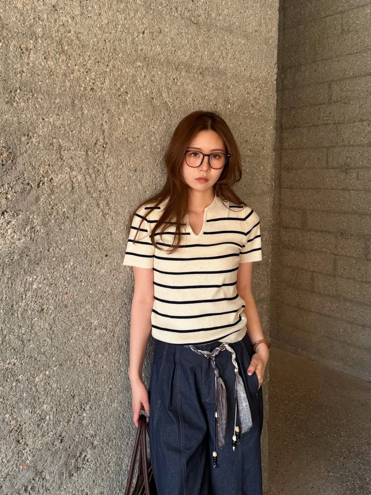 

Acrab Women's Knitted Wool Blend Short Sleeve Neck T-Shirt Casual Style Standard Fit Spring 2026 Loose Feel Stripe Pattern