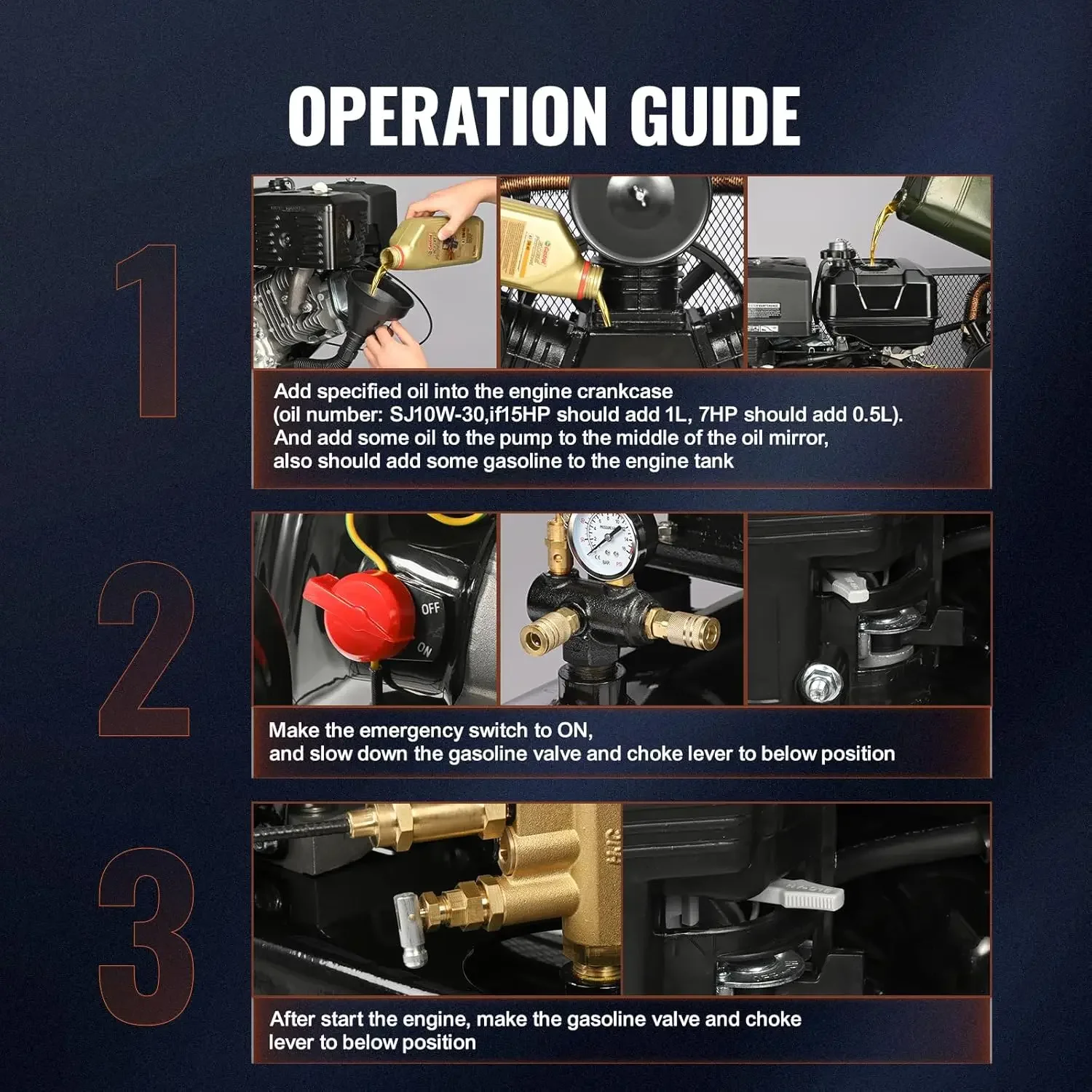 15HP Gas Powered Air Compressor, 30 Gallon Horizontal Air Compressor Tank, 33CFM@115PSI Gas Driven Piston Pump