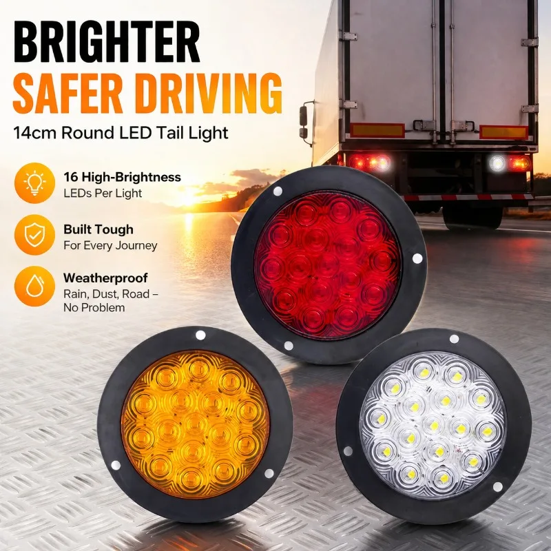 12V 24V Universal 14cm Round LED Truck Tail Light 16 LEDs Red Amber White Multi-color Signal Lamp Waterproof Stop Turn Reverse
