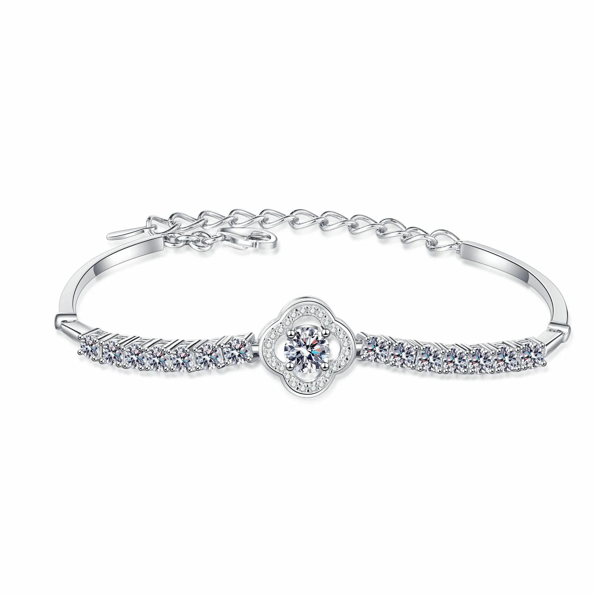 Butterflykiss Full Moissanite Sterling 925 Silver Hand-inlaid Moissanite Four-leaf Hollow Row Diamond Bracelets Simple Jewelry