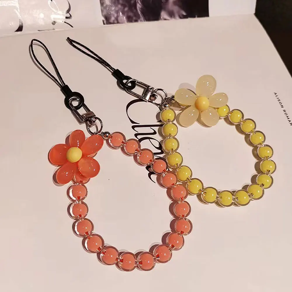Macaron-Colored Beaded Phone Lanyard, Japanese and Korean Ins-Style Handmade Beaded Flower Phone Chain Wrist Strap