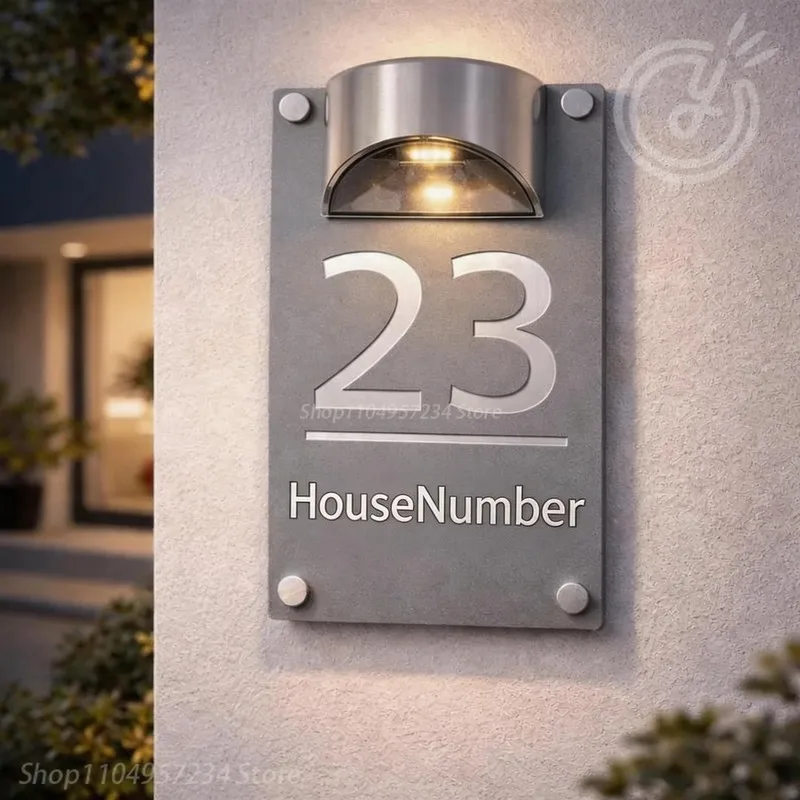 Solar LED House Number Sign Grey, Modern Waterproof Wall Mounted Personalized Address Plaque for Home Street Door Decor