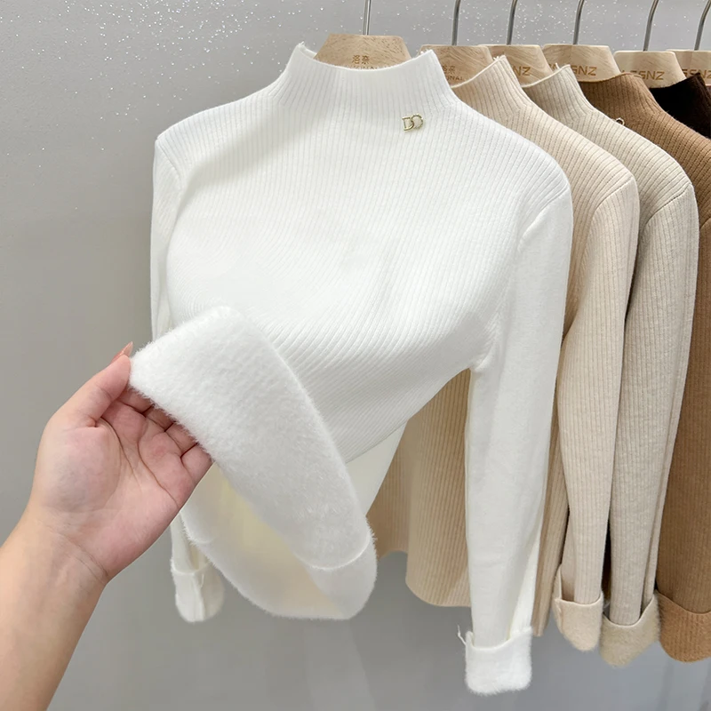 

Autumn, Winter,fleece sweaters,Women's Long Sleeve sweater, Thick, Warm, Bottoming, Velvet, Half Turtleneck, Pullover, Casual,