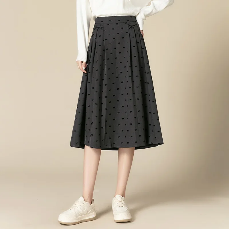 SUCH AS SU Women Fall Winter Black Gray Bows A-line Skirt High Waist Ladies S M L XL XXL 3XL Size Mid Long Fashion Pleated Skirt