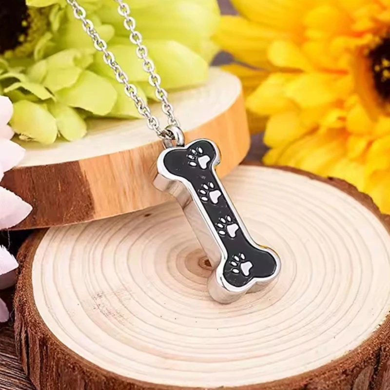 2PCS Bone Pet Urn Pendant Necklace for Ashes Container Dog Paws Print Design Lockets Jewelry for Pet Lover
