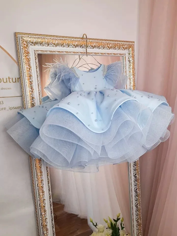 Luxury Pearls Flower Girl Dress Puff Girls Party Dresses for Wedding Short Sleeves Tulle Kids Christmas Ceremonial Dress