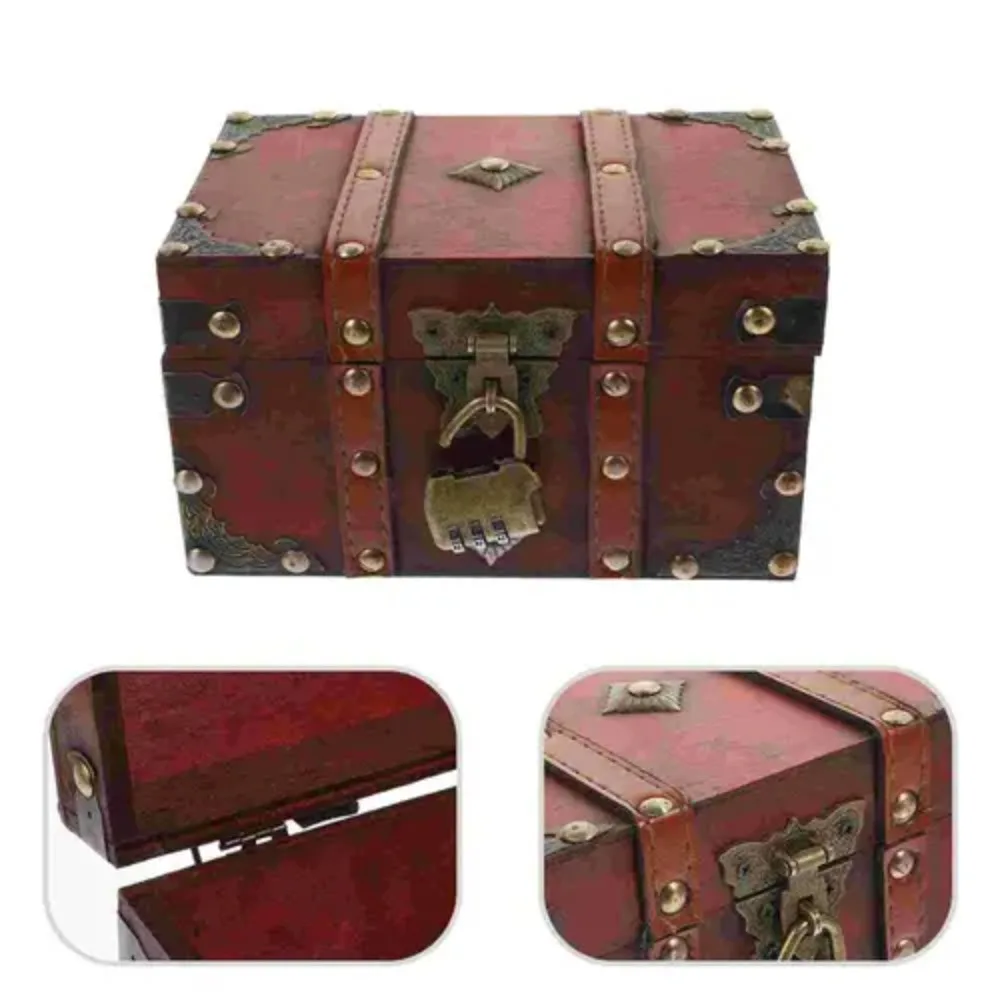 Vintage Wooden Treasure Box With Bronze Color Lock Antique Design Treasure Chest European Retro Style Jewelry Box Props