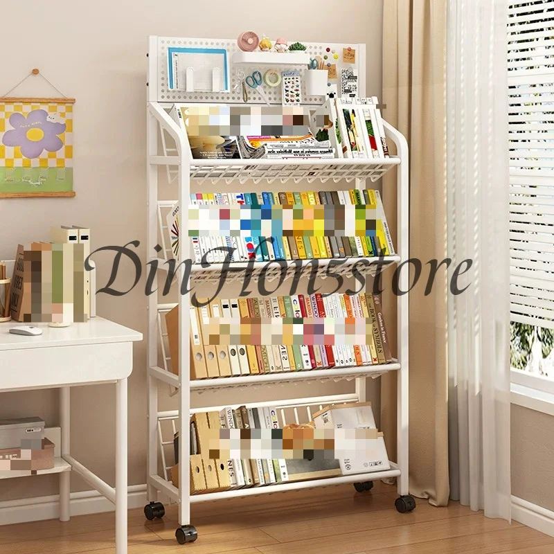 Movable bookshelf Floor shelf Household multi-layer wrought iron bookcase Wheeled trolley