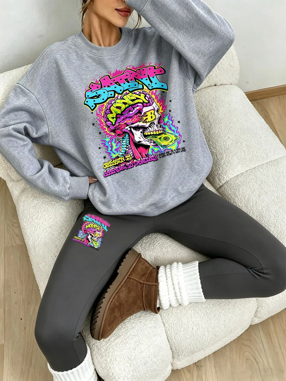 2 Piece Outfit Womens Saint Money Skull Printed Leggings Pant Set Autumn Fleece Thermal Sweatshirt Casual Warm Woman Clothes