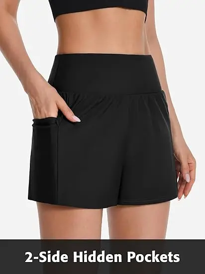 Anfilia Women Swim Shorts Quick Dry Swim Trunk 2 Hidden Pockets Swim Bottom with Built in Brief image 4