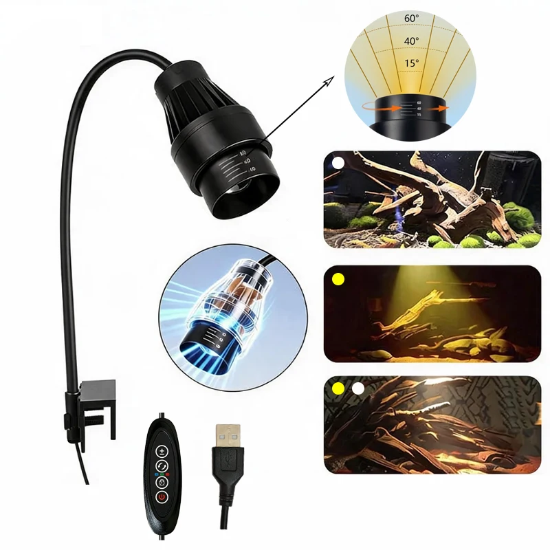 LED Aquarium Spotlight 15°-60° Adjustable Focus 3-Color with Cycle Timer Cooling Fan USB Clip-on Light for Fish Tank 10W 14W 16W