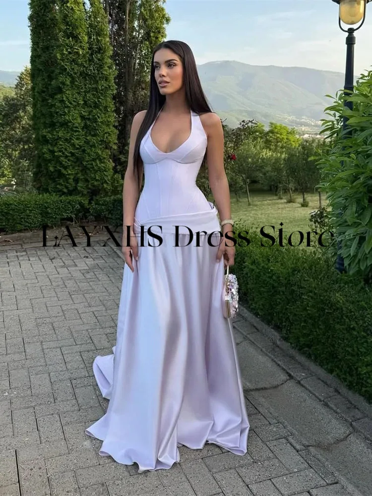 LAYXHS Simples Roxo Halter Vestido de Noite A Linha Lace Up Sem Mangas Mulheres Vestidos de Baile Personalizado فستانmavera
