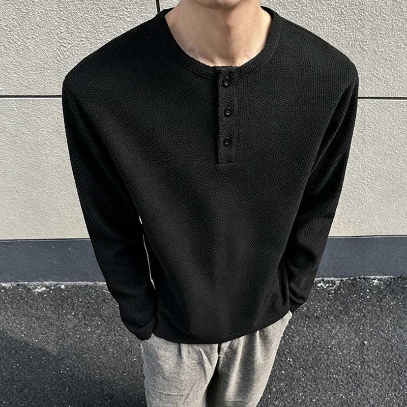 Mens Henley Neck Long Sleeve Tee Fall Oversized Relaxed Fit Knit Top Simple Button Placket Design Comfortable Daily Casual Shirt