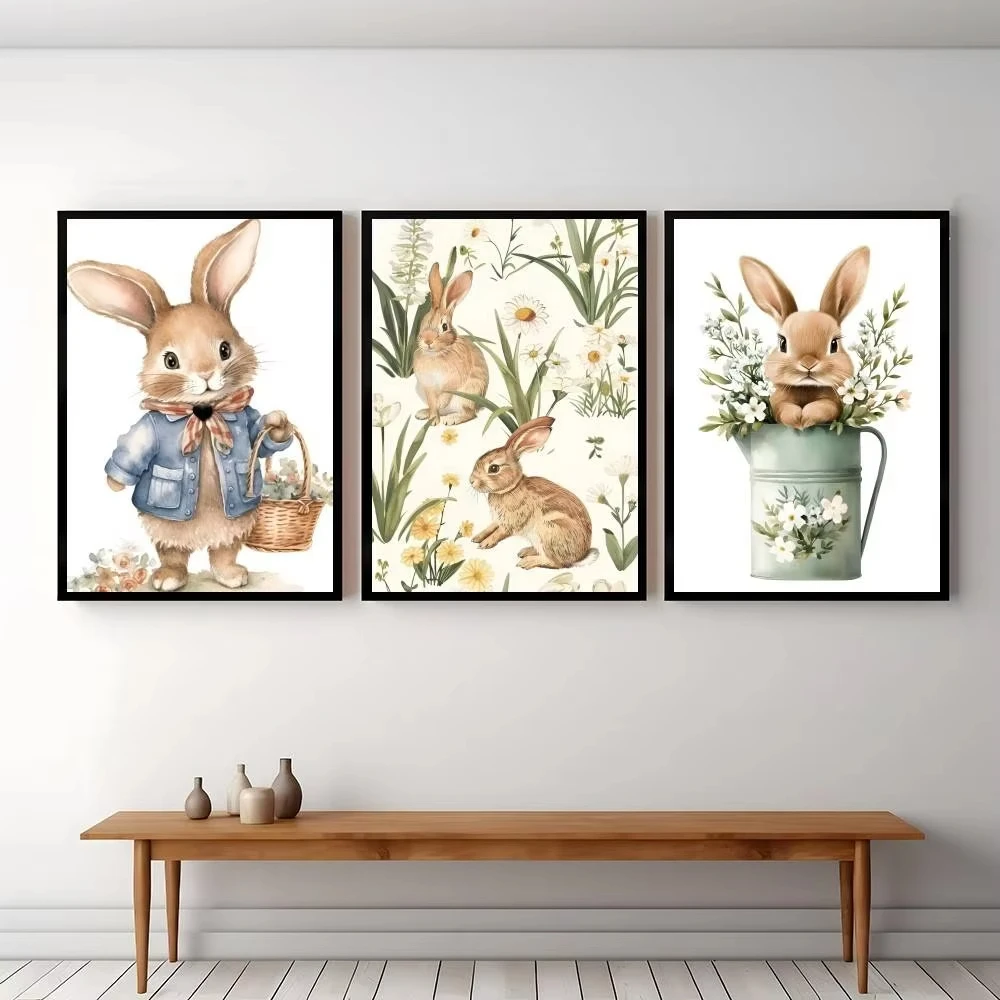 Children's Cartoon Bunny Main Poster Print Rabbit Carrying a Basket with Flowers and Grasses Canvas Art Home Bedroom Poster