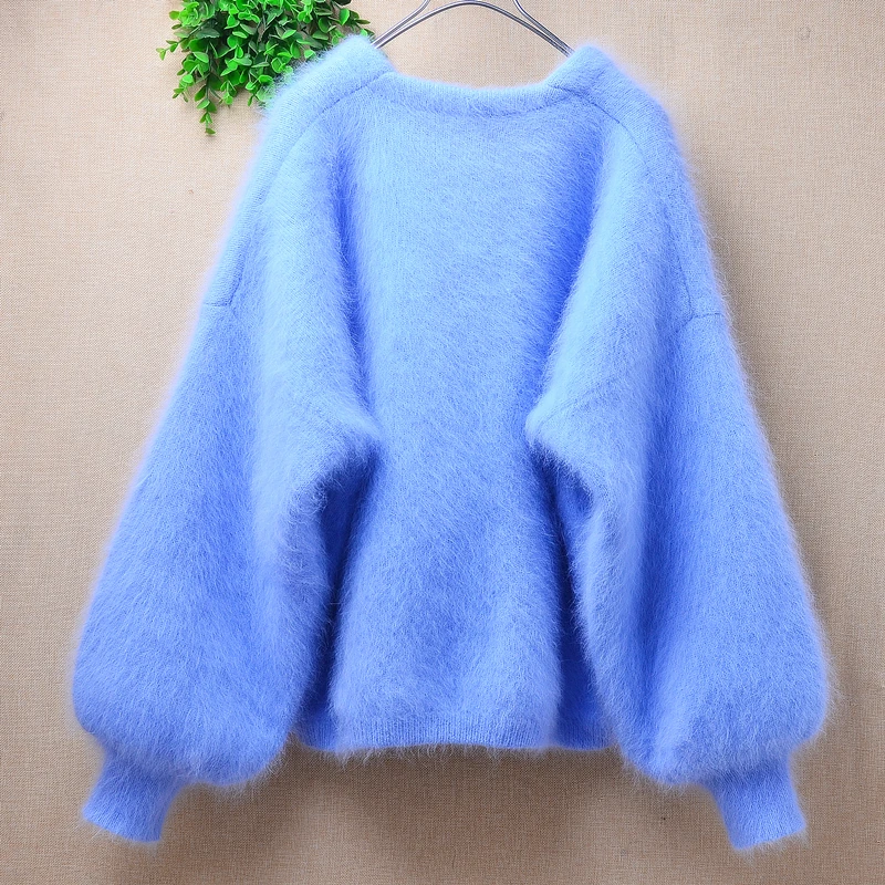 Female Women Fall Winter Clothing Sky Blue Hairy Mink Cashmere Knitted Long Lantern Sleeves V-Neck Loose Cardigans Sweater Coat