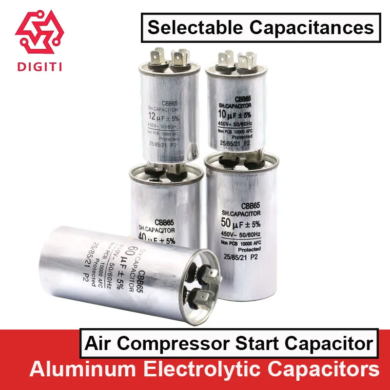 CBB65/CBB65A/CBB65A-1 Пусковой конденсатор воздушного компрессора переменного тока 450 В 8 мкФ/10 мкФ/12 мкФ/15 мкФ/20 мкФ/25 мкФ/30 мкФ/35 мкФ/40 мкФ/45 мкФ/50 мкФ/55 мкФ/60 мкФ/70 мкФ