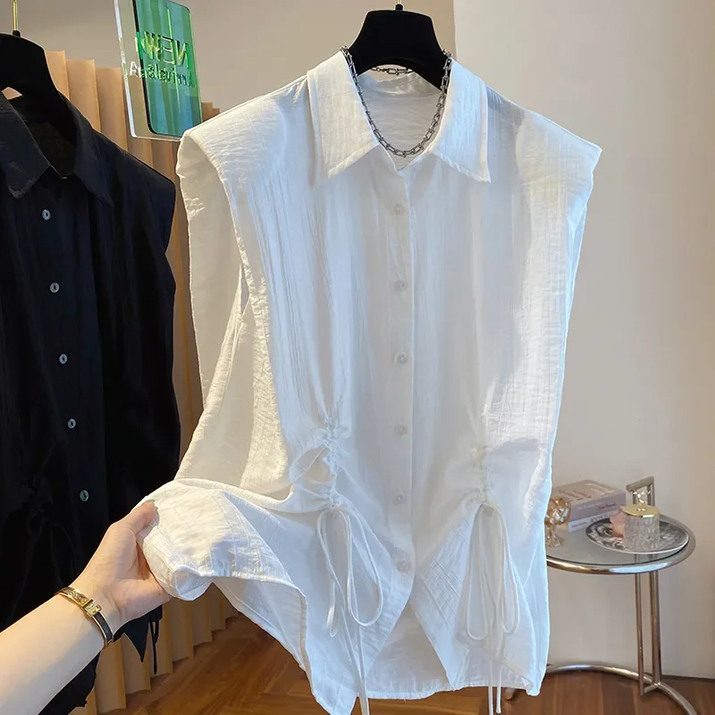

Women's Black Sleeveless Shirt Collar Blouse Drawstring Ruched Loose Casual Top