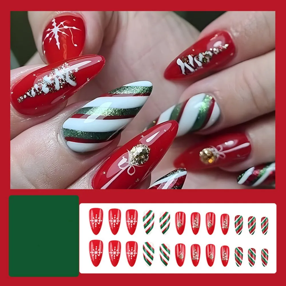 24 pezzi medio lungo fiocco di neve di mandorla stampa sulle unghie con colla glitter polvere inverno Natale unghie finte manicure per unghie finte