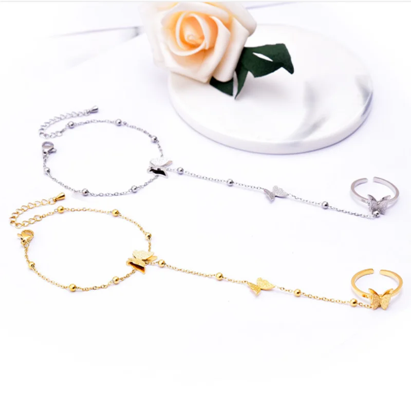 316L Stainless Steel New Fashion Upscale Jewelry Beaded Scrub Butterfly Charm Bracelets Back Chain Ring All In One For Women