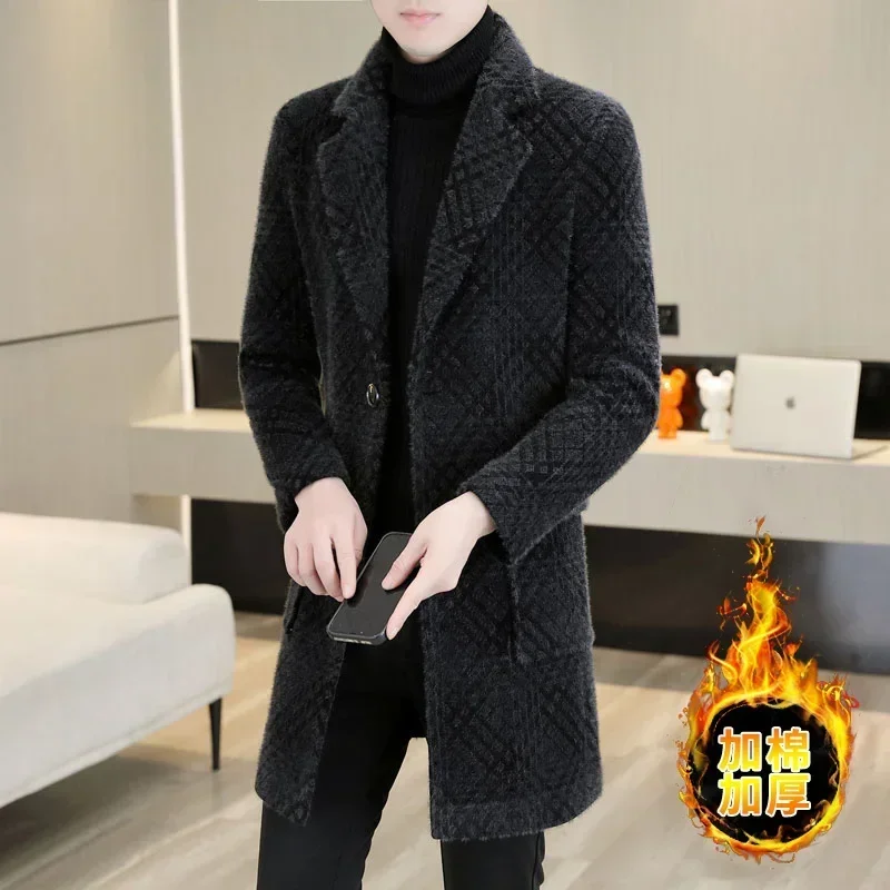 Winter plus cotton thickening high-end fashion all-in-one Korean slim handsome men's woolen coat long trench coat Thick