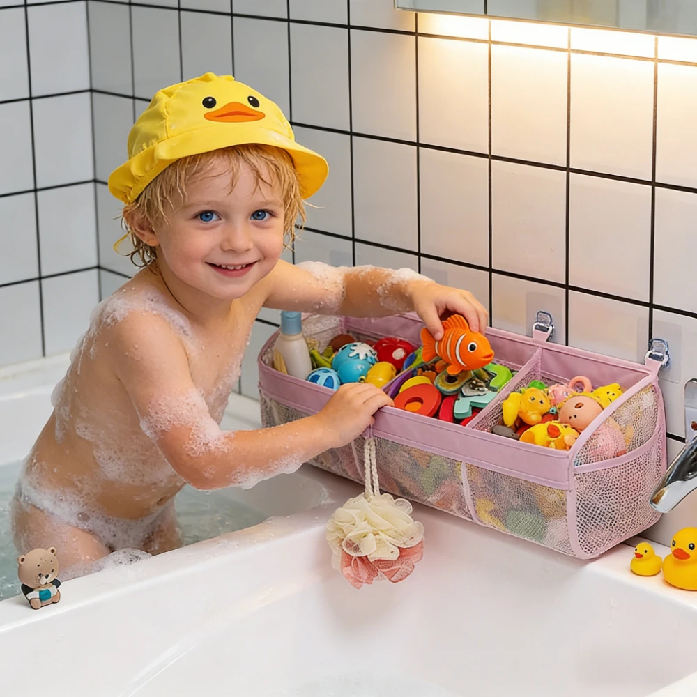 Duschnetz-Aufbewahrungstasche mit 3 Fächern, Mehrzweck-Aufbewahrungsregal für die Badewanne, Netzaufbewahrungstaschen für Badezimmer