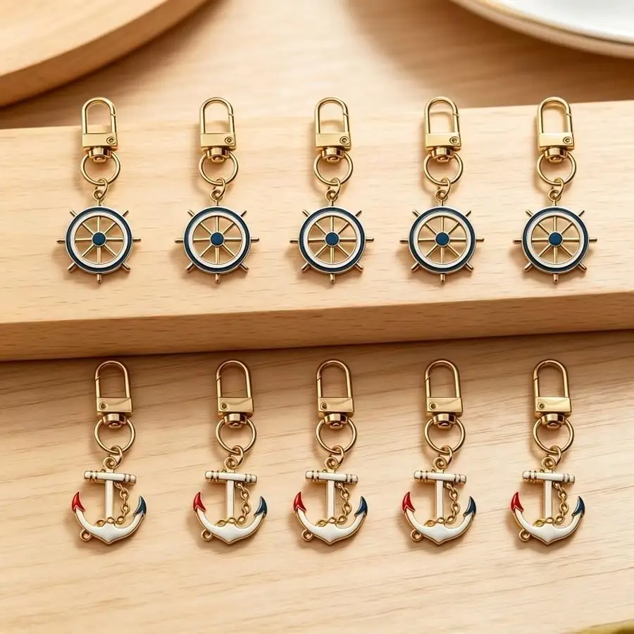 1/5/10/20/50/100pcs College Nautical Style Keychain Set, Enamel Ship Wheel And Anchor Charms, Suitable for Beach Trips And Daily