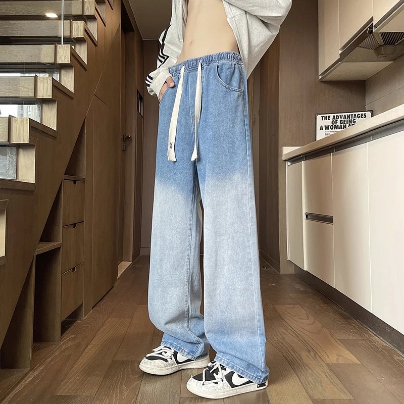

Fashion Men's Loose Jeans Men's Elastic Waist Drawstring Casual Trousers Harajuku Male Wide Baggy Denim Trousers