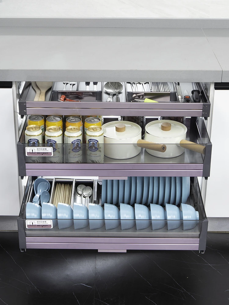 Basket kitchen cabinets built-in drawer-type double-layer space aluminium dishware tools basket kitchen cabinets pots