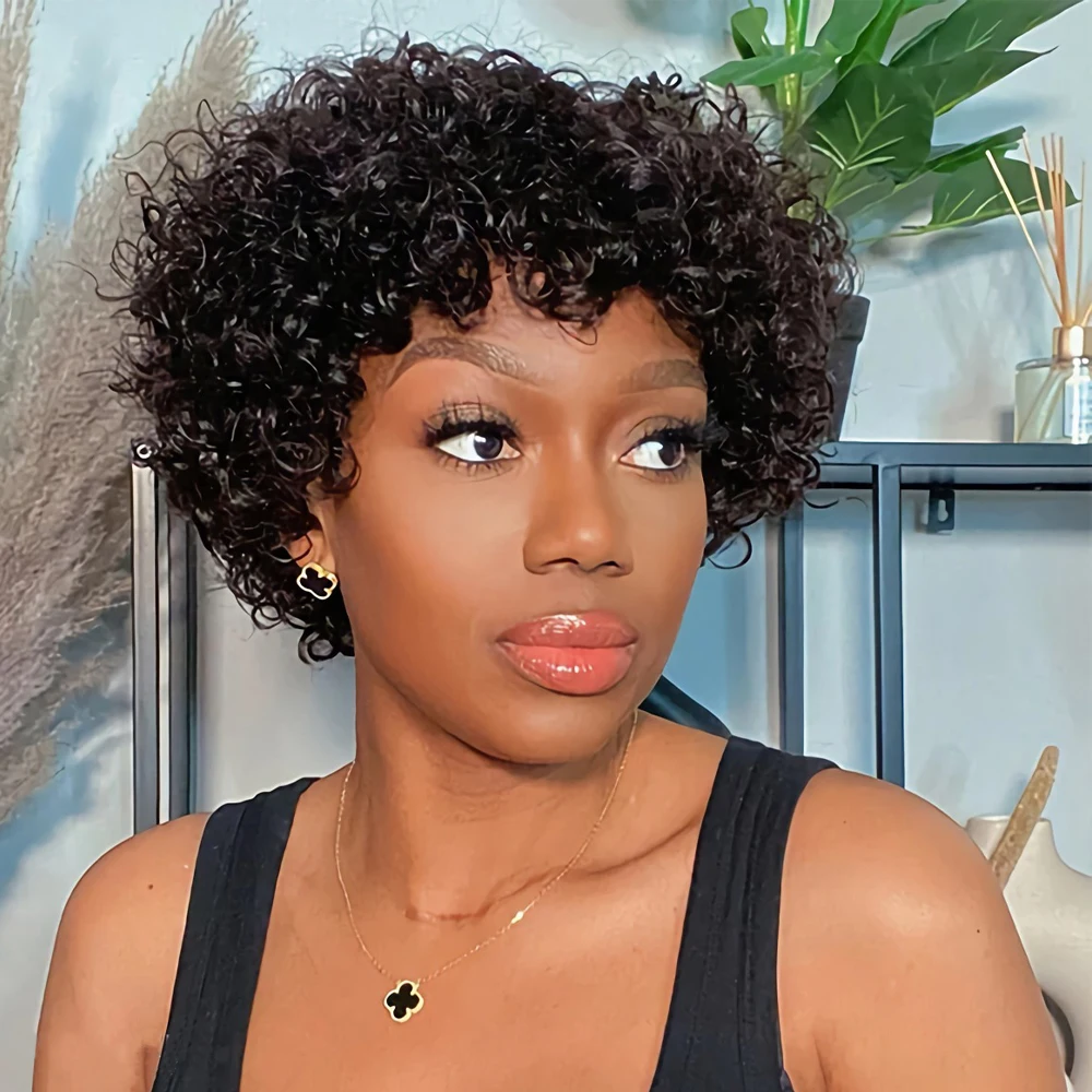 8 Inch Short Pixie Curly Bob Wig with Bangs Brazilian Human Hair Bouncy Curl Wig for Women Ready to Go Wig image 4