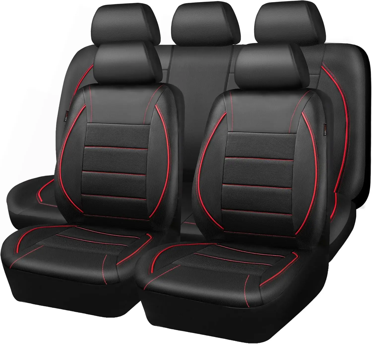

Universal Leather Car Seat Cover Set for SUVs, Vans, Trucks - Airbag Compatible with Zipper Design (Full Set, Black and Red)