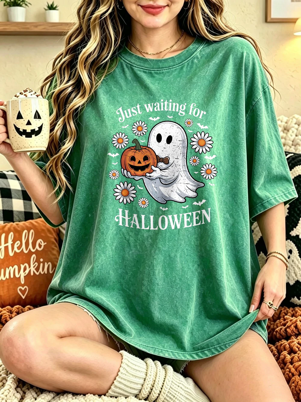 Just Waiting For Halloween Prints Washed T-Shirt Women Cotton Oversized Tops Summer O-Neck Distressed Tees Street Woman Clothes