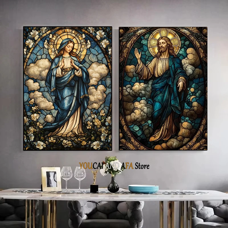 Stained Glass Virgin Mary Jesus Pope Christian Cross Faithful Art Vintage Christianity Poster Canvas Painting Wall Picture Decor