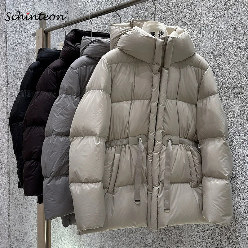 Schinteon Women White Down Jacket with Hood Solid Color Loose Casual Warm Autumn Winter Outwear Parka Drawstring Coat 2026 New