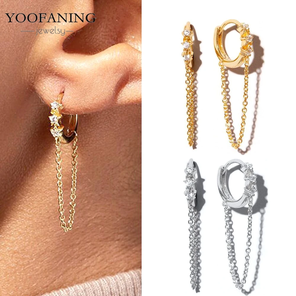 

Yoofaning стерлингового серебра 925 пробы, игла для ушей, красочная цирконовая цепочка, серьги-кольца с кисточками для женщин, серьги с двумя отверстиями, ювелирные изделия A45, подарок