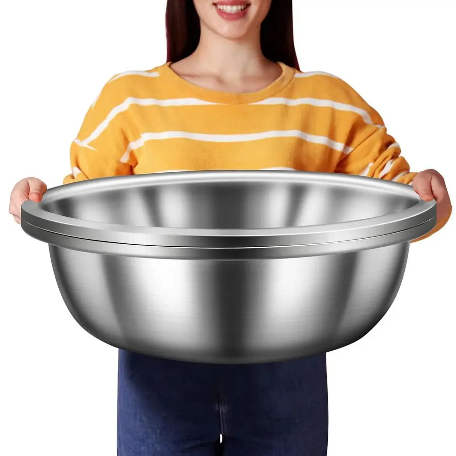 

Pack Large Mixing Bowl Oversized All Purpose 304 Stainless Steel Polished Mirror Flat Base Metal Bowl for Home or Commercial Pre