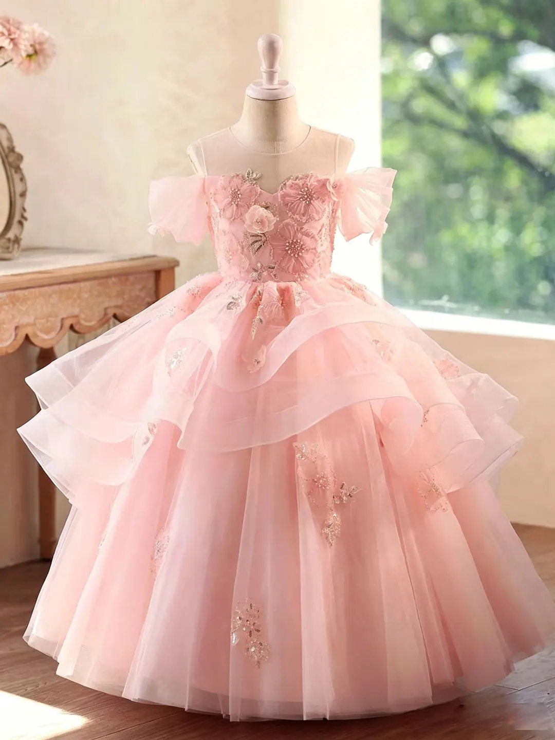 Jill Wish D347 Pink Off-Shoulder Flower Girl Dress with 3D Floral Appliques Layered Tulle Princess Party Gown for Kids
