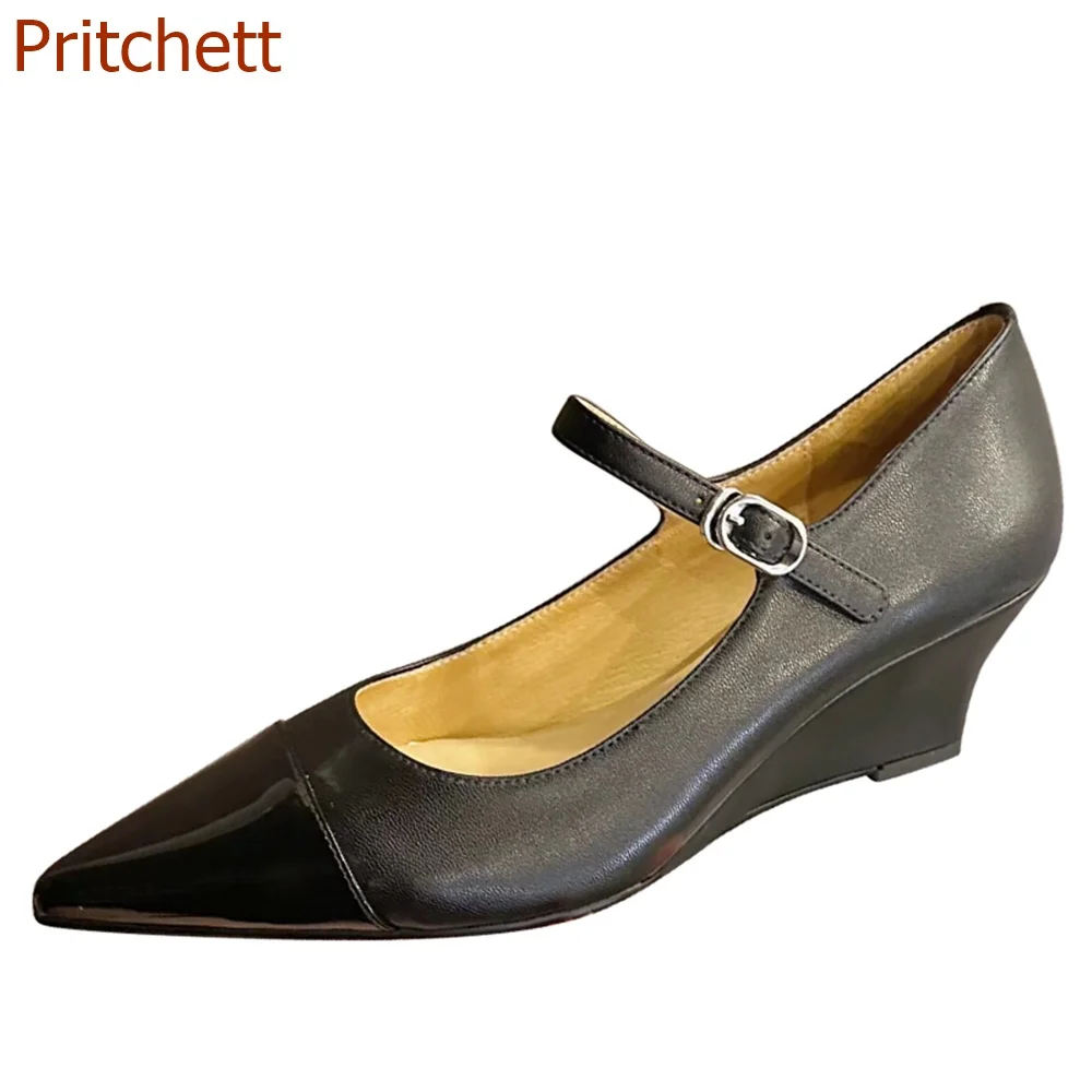 Pointed Toe Wedge Women Pumps Mixed Color Genuine Leather Cover Heel Buckle Strap Fashion Casual  Women  Shoes 2023 New Arrivals