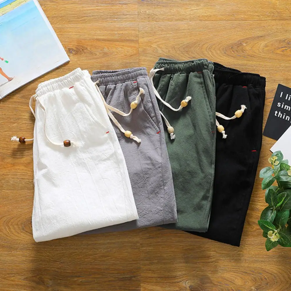 

Men Shorts Solid Color Drawstring Summer Lace-up Knee Length Pants Streetwear