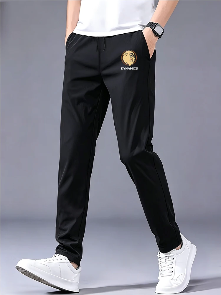 

Trendy Men Lion Head DYNAMICS Letter Pattern Ice Silk Quick Dry Straight Pants Elastic Waist Loose Leg Soft Breathable Summer Fa