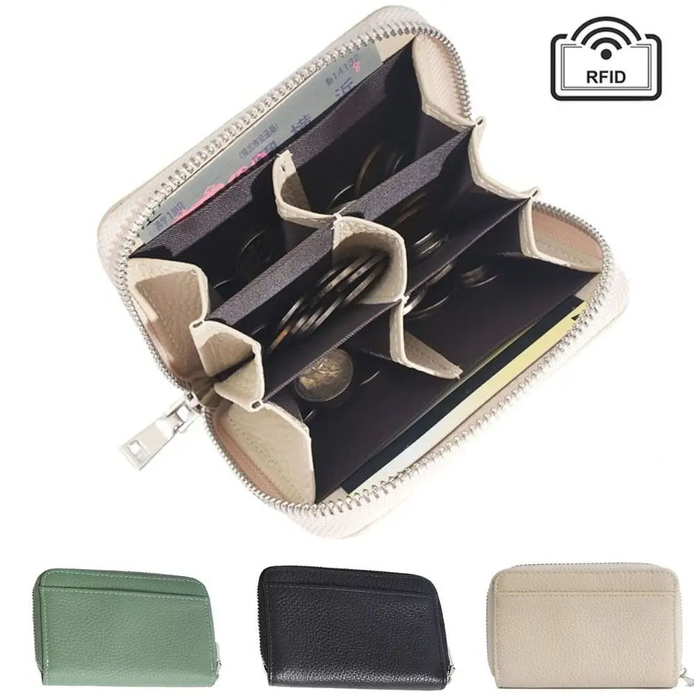 

RFID Blocking Women's Card Bag Zipper Pocket Genuine Leather Woman Short Wallet Soild Color Luxury Credit Card Holders