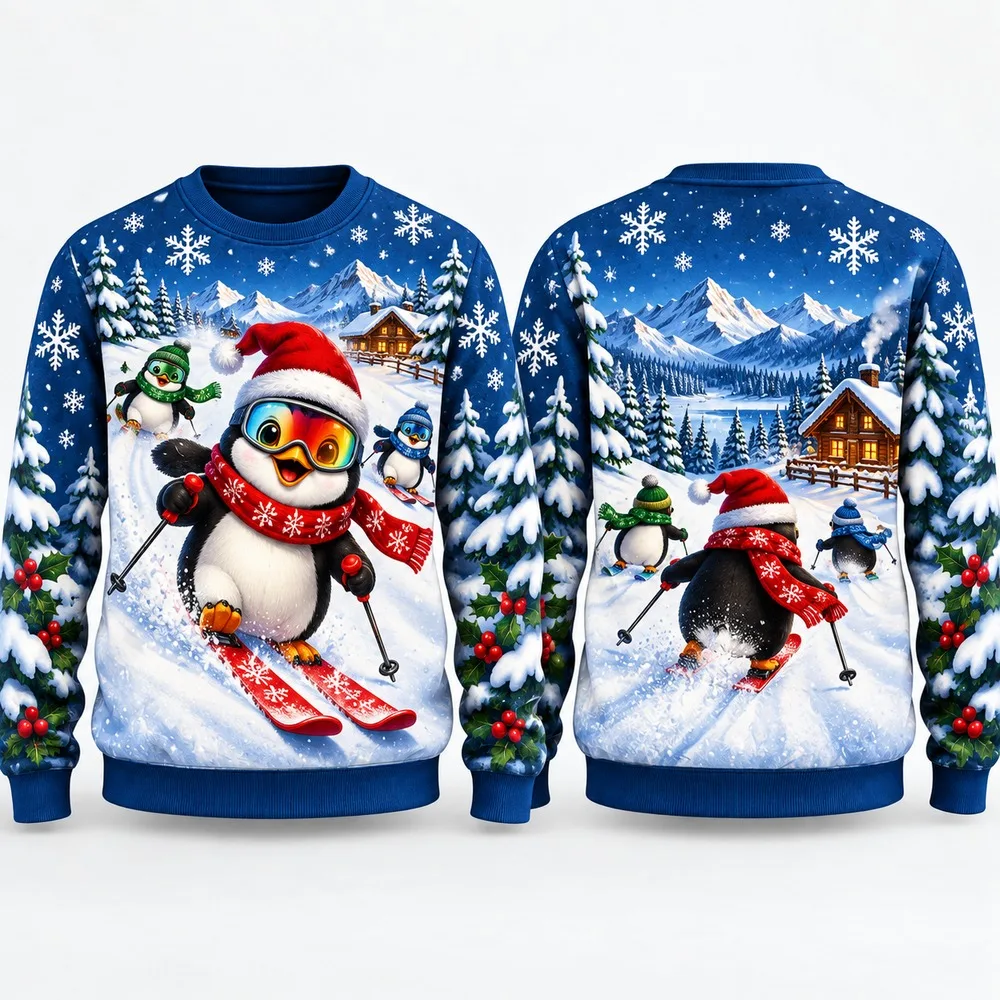 Hot Penguin Ski Lodge Ugly Christmas Sweater for Men Women Festive Holiday Party Crewneck Pullover Long Sleeve Gift Sweaters