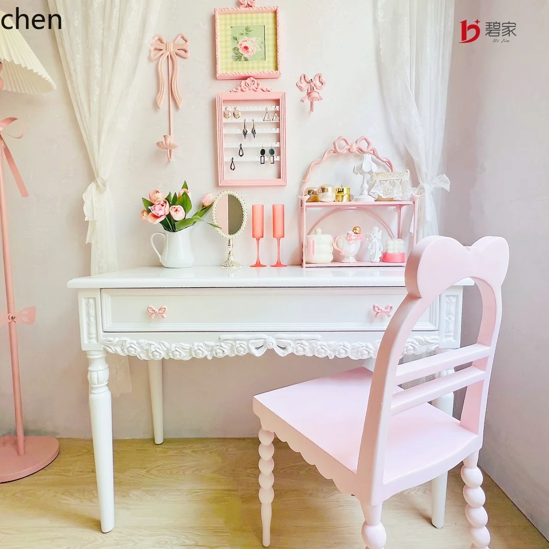 HT Carved Solid Wood Dressing Table Dopamine Makeup Desk Desk Integrated Princess Style Writing Desk