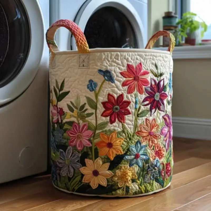 Brodark Colorful Floral Quilted Laundry Basket, Rustic Large-Capacity Wildflower Fabric Storage Bin With Handles. Foldable Dirty Clothes Hamper, Stylish Bedroom Organizer For Home, Fit Bathroom, Balcony, Laundry Room For Clothing Storage.