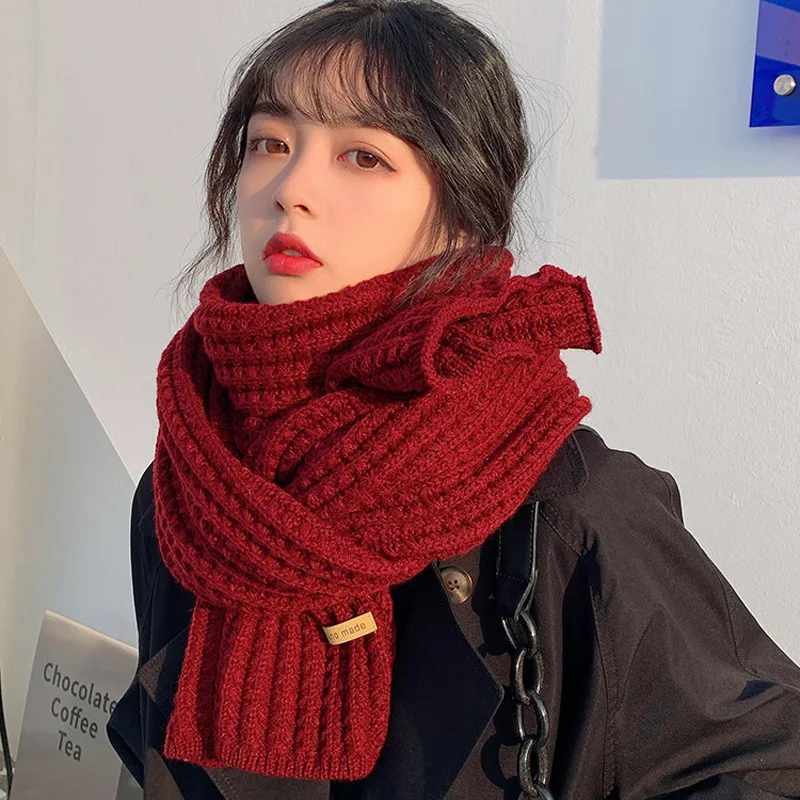 Solid Color Wool Scarf Female Korean Version Cute Girl Autumn Winter Thick Warm Knit Neck Ring Lovers Knitted Scarves