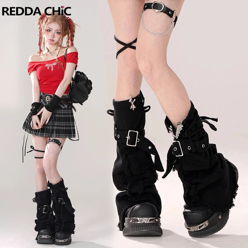 ReddaChic Ribbon Belted Women Black Leg Warmers Y2k Vintage Denim Boots Cover Cross Patchwork Jk Knee Long Socks Grunge Clothes