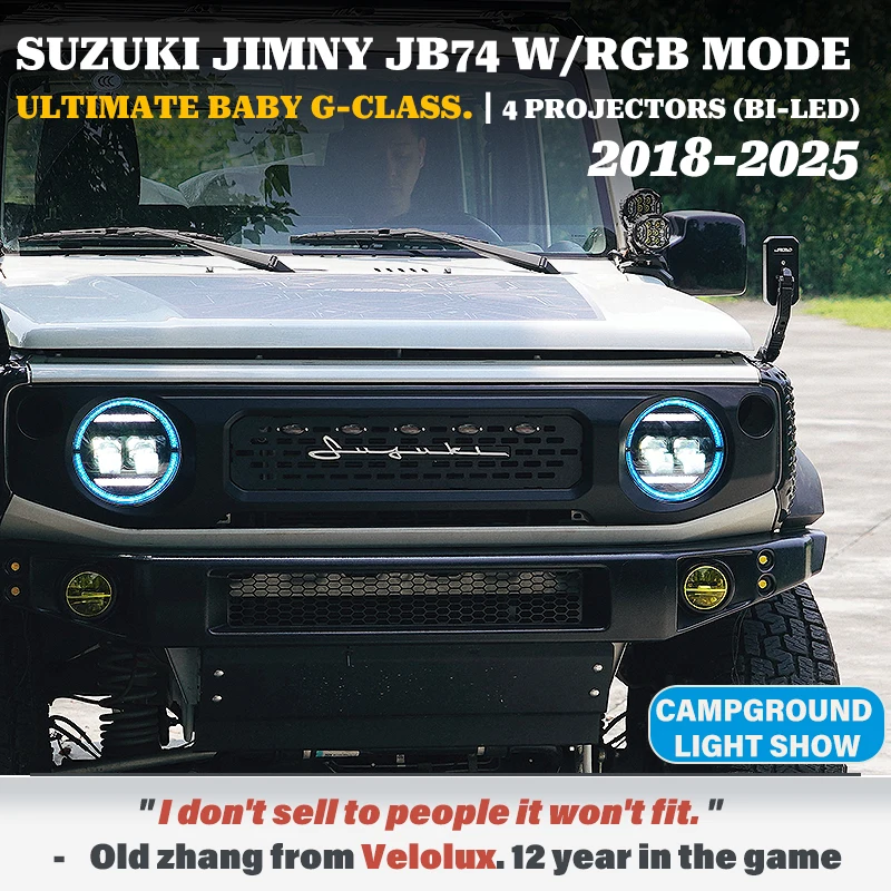 For Suzuki Jimny 2018-2025 Gloss Black Quad-Projector (BI-LED) Headlights Assembly w/ RGB Matrix Camp Mode DRL Off-Road Show