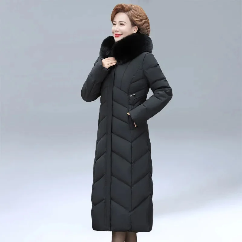 Hooded Fur Collar Down Cotton Jacket Women Winter Clothing New Middle-Aged Mother Mid-Long Thicken Coat Warm Female Parkas 8XL